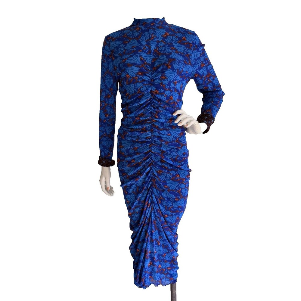 Reversible Mesh Ruched Midi Dress Long Sleeve Floral Stretchy Size M L
